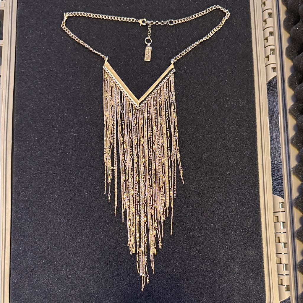 Jessica Simpson Gold Fringe Statement Necklace V-Drop Y2k Glam Look 21$